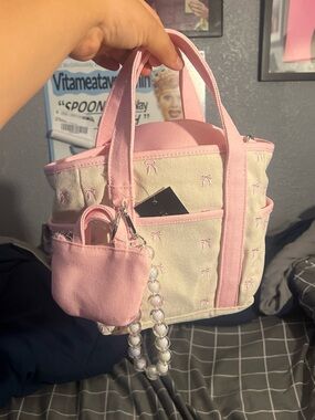 Madden Girl Small Pink & Cream Embroidered Bow Canvas Tote Bag with Pearl Charm